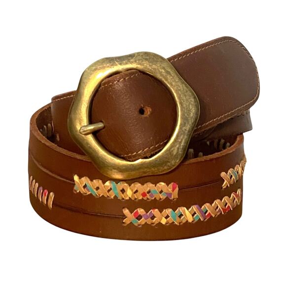 Lucky Brand NEW Embroidered Leather Belt Womens Small Brown Woven Cross Stitch - Picture 1 of 9